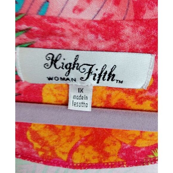 High Fifth 1X Colorful Top Tropical Print Stretch 3/4 Slv Rayon Blend Palm Frond - Picture 4 of 9